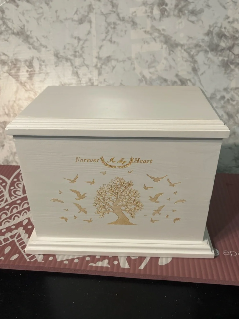 White Memorial Photo Urn Box with Gold Accents - In Loving Memory